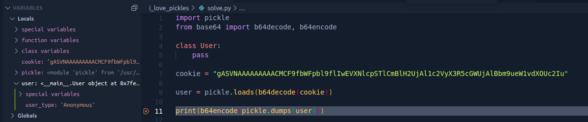 User class content shown in python debugger